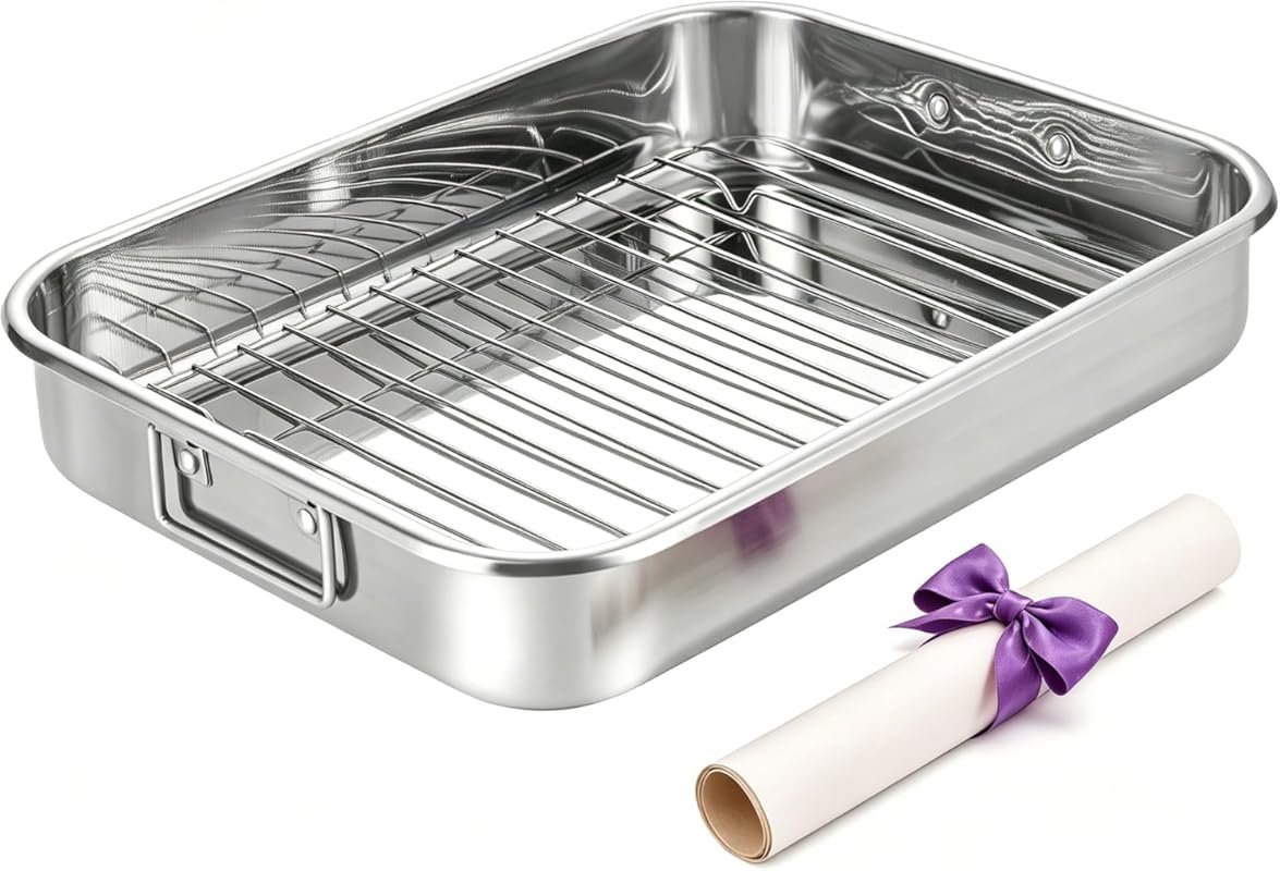 Large Non-Stick Stainless Steel Roasting Pan with Rack for Turkey, Chi
