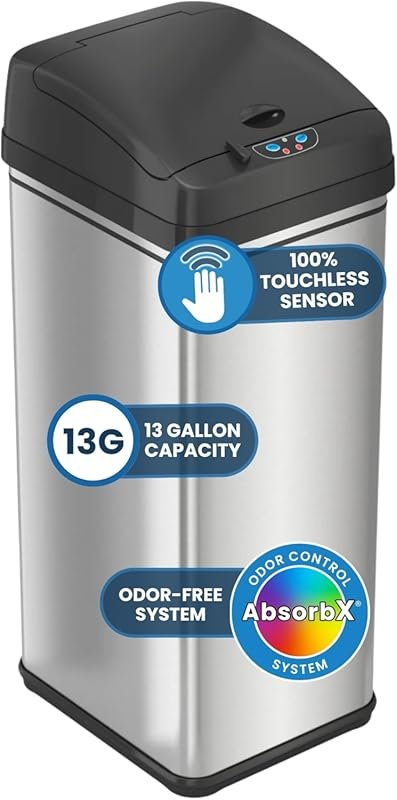 iTouchless 13 Gallon Patented Sensor Trash Can with Odor Filter & Soft