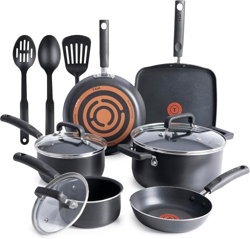 T-Fal 12-Piece Nonstick Oven Broiler Safe Cookware Set, Includes Fry P