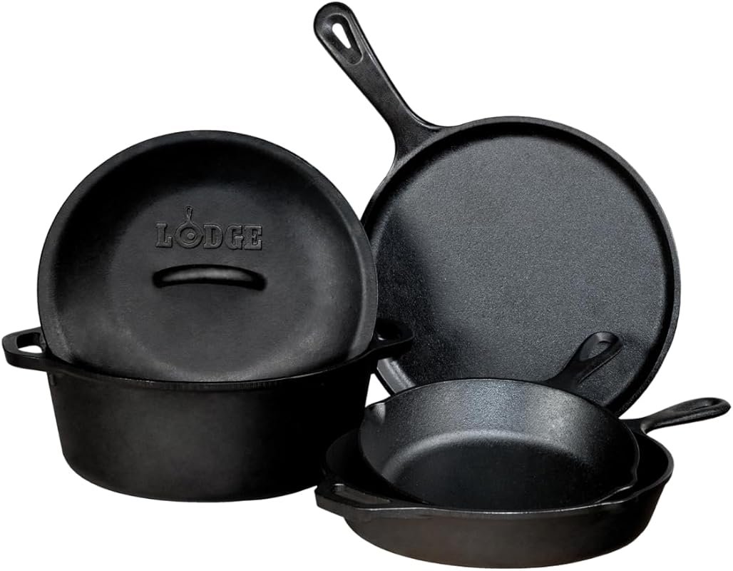 Lodge 5-Piece Pre-Seasoned Cast Iron Cookware Set with Skillets, Gridd