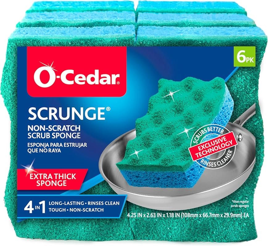 O-Cedar Scrunge Non-Scratch Sponge – Multi-Use, Odor-Resistant, All-Pu