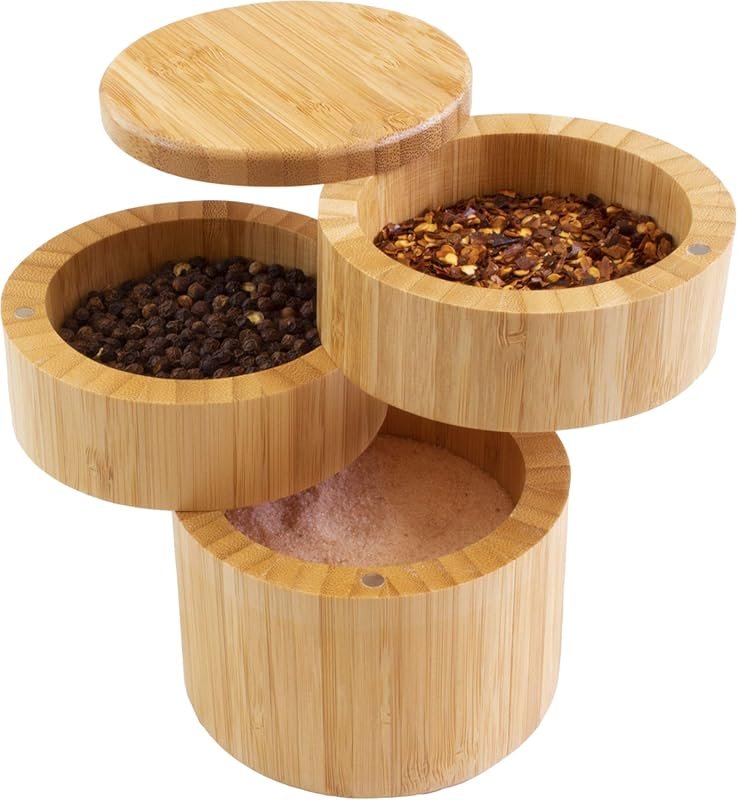 Triple Bamboo Salt Cellar – 3 Tier Magnetic Swivel Lids for Salt, Herb