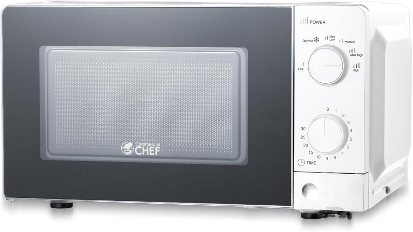 Commercial Chef CHM660W 0.6 Cu Ft Microwave Oven, 700W, Dial Controls, Door, 6 Power Levels – White