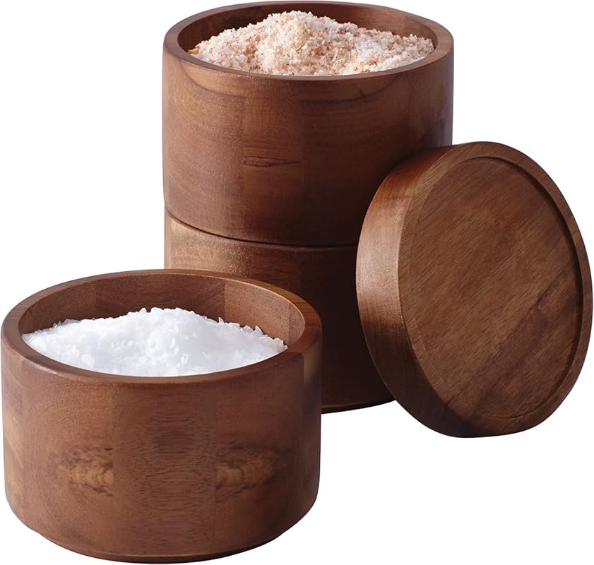 Rachael Ray Wood Salt Cellar Stacking Set – 3-Piece Brown Spice Holder