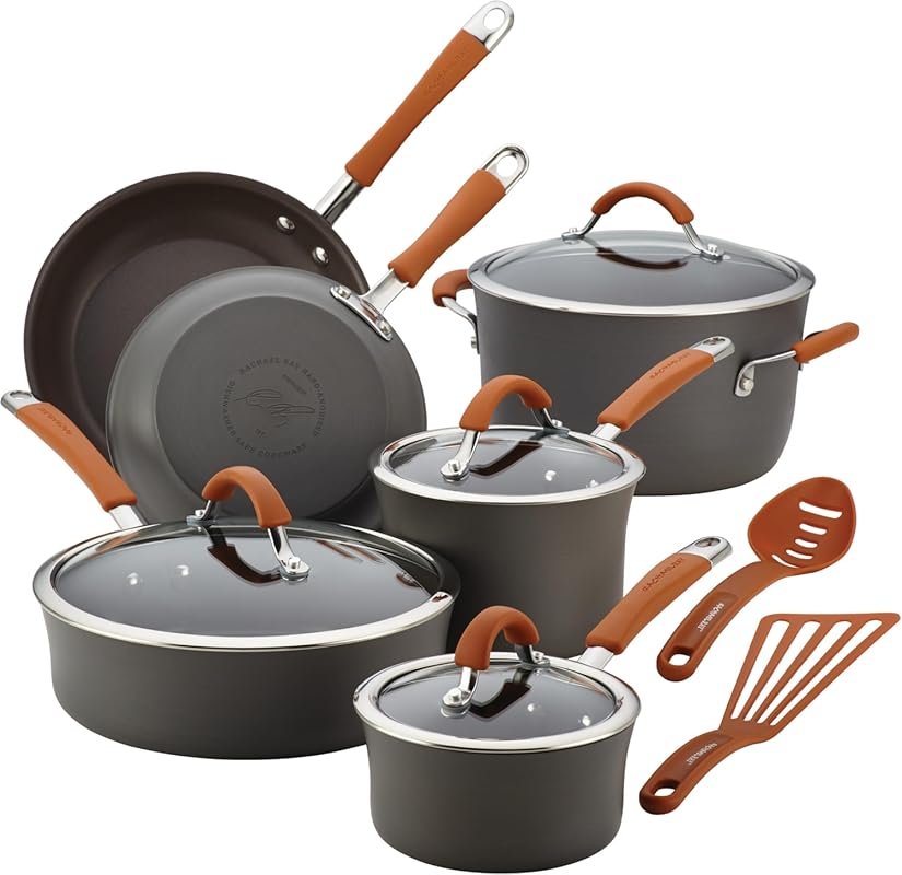 Rachael Ray Cucina 12-Piece Gray Nonstick Cookware Set with Orange Han
