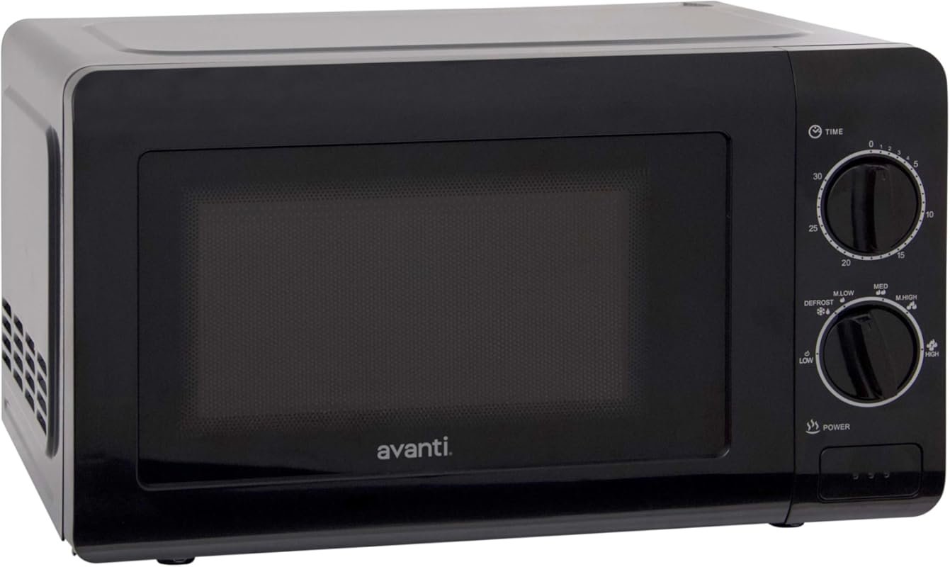 Avanti 0.7 cu ft Compact Microwave Oven, 700 W, Mechanical Controls, 5 Power Settings, Defrost, Full‑Range Temperature Control, Removable Glass Turntable, Black