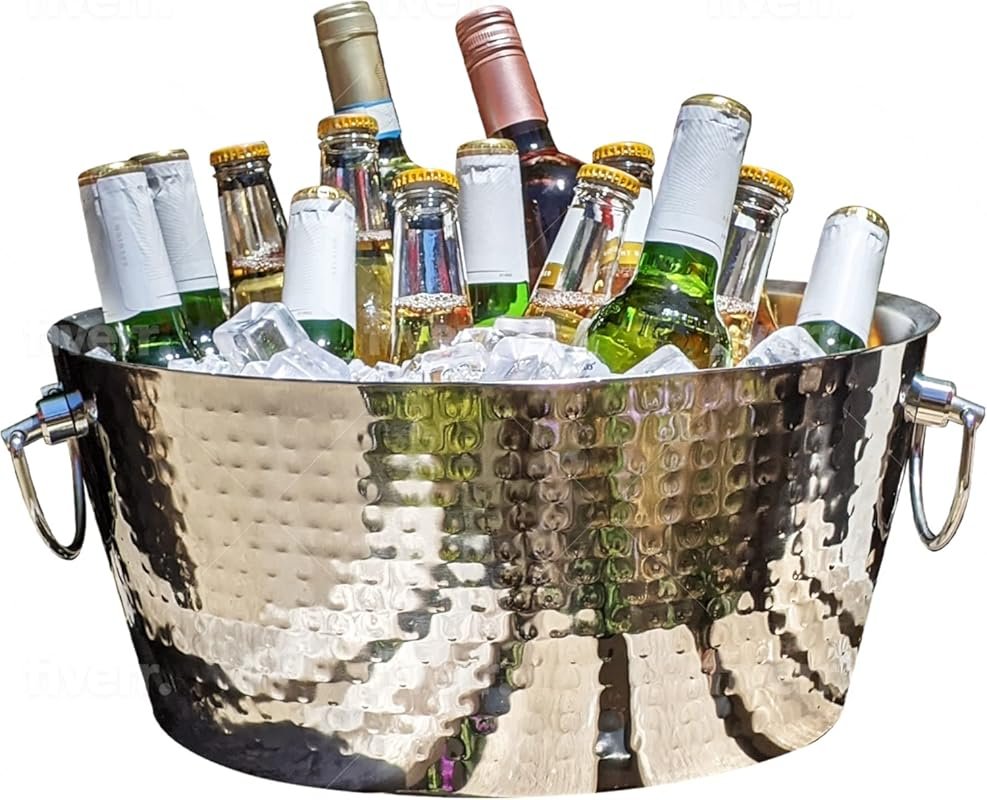 BREKX 12QT Hammered Stainless-Steel Beverage Tub with Double Handles &