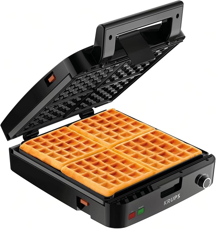 KRUPS 4‑Slice Belgian Waffle Maker, Stainless Steel, 5 Browning Levels