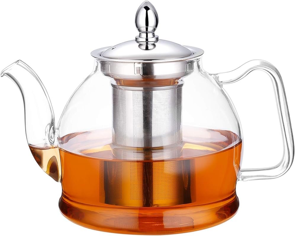 HIWARE 1000ml Glass Teapot with Removable Infuser – Stovetop Safe, Blo