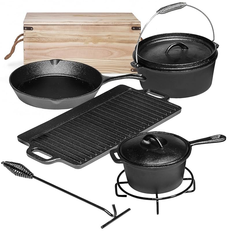 Bruntmor 7-Piece Camping Cast Iron Cookware Set with Dutch Oven, Skill