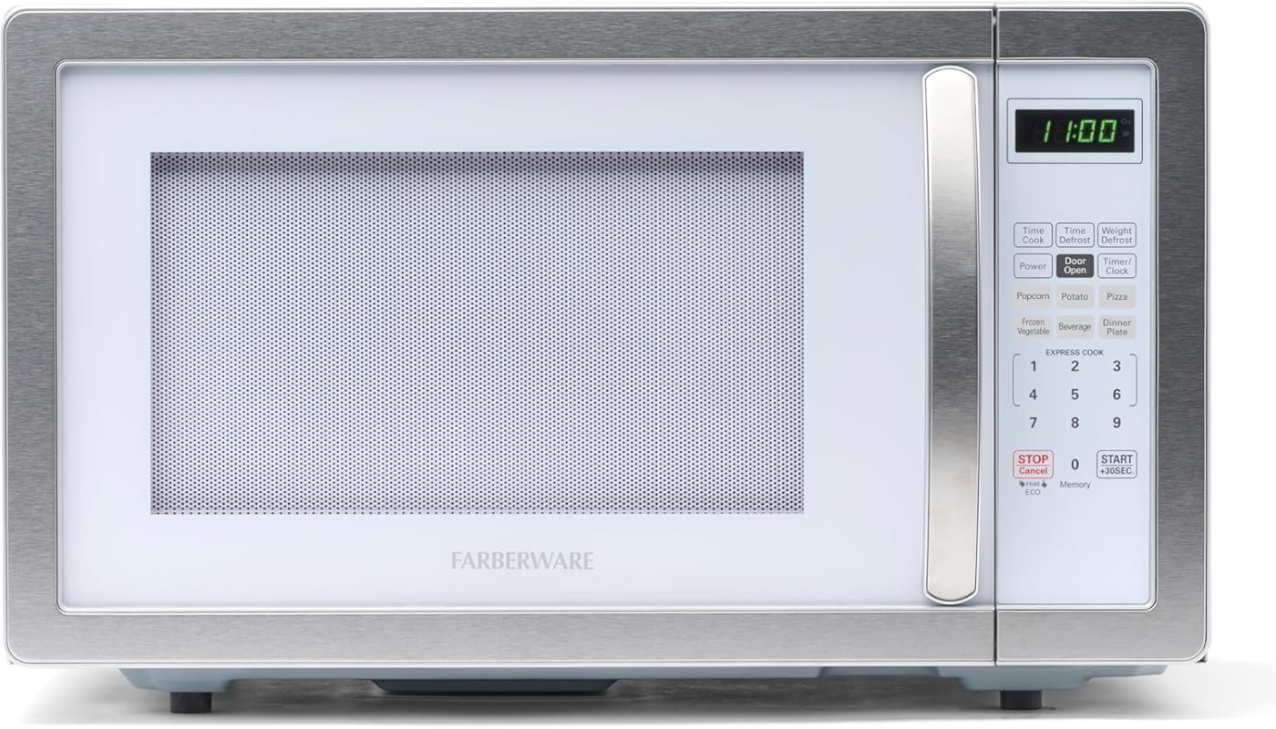 Farberware 1.1 cu ft Countertop Microwave Oven, 1,000 W, Auto‑Cook, Defrost, Easy‑Clean, Child Safety Lock, White Platinum
