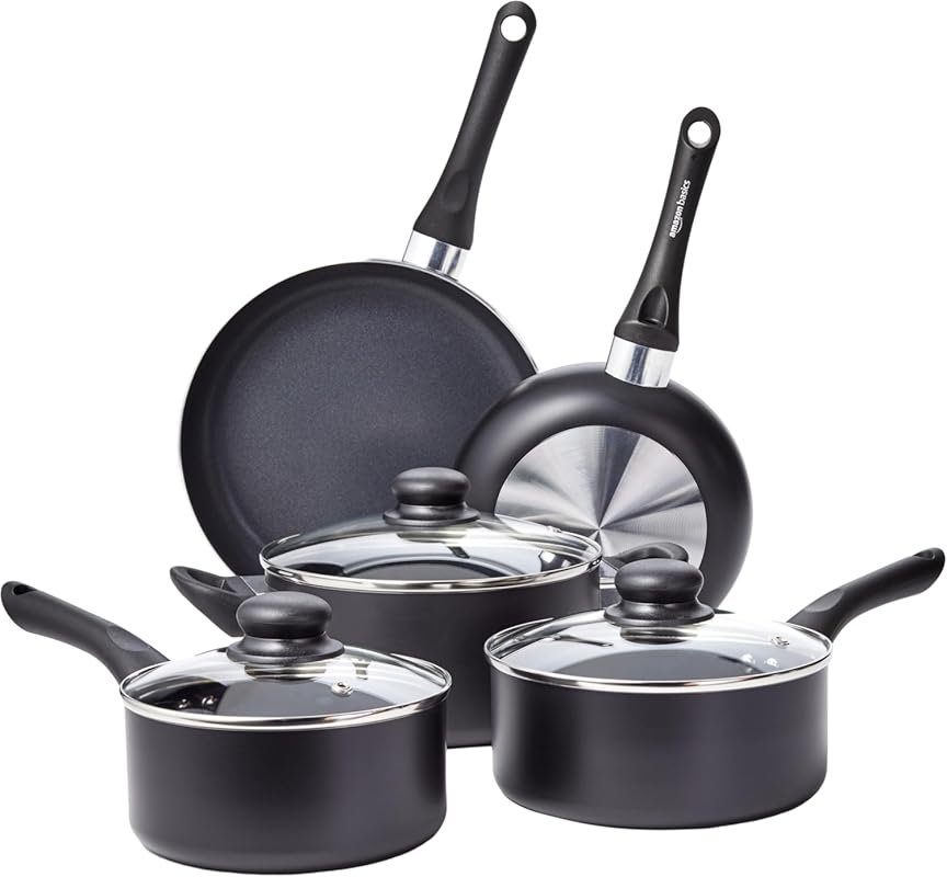 Amazon Basics 8-Piece Non-Stick Black Cookware Set with Pots and Pans 