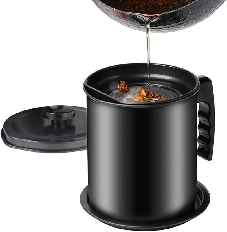 Cambom 1.3L Iron Bacon Grease Container with Fine Mesh Strainer and Re