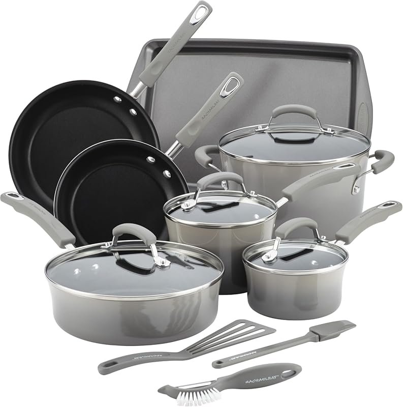 Rachael Ray Brights 14-Piece Nonstick Sea Salt Gray Cookware Set