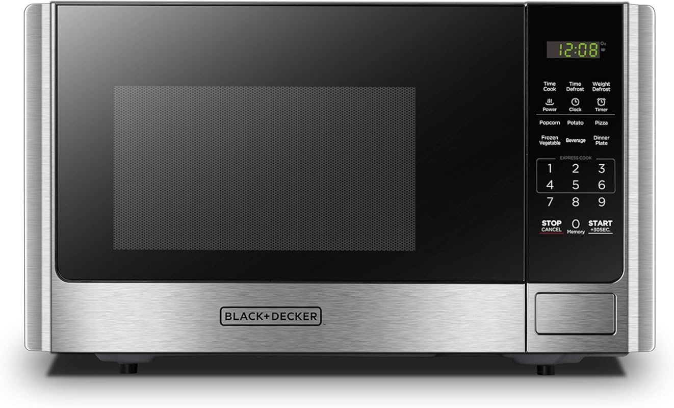 BLACK+DECKER 0.9 Cu Ft Digital Microwave Oven, Stainless Steel, Turntable Push‑Button Door, Child Safety Lock