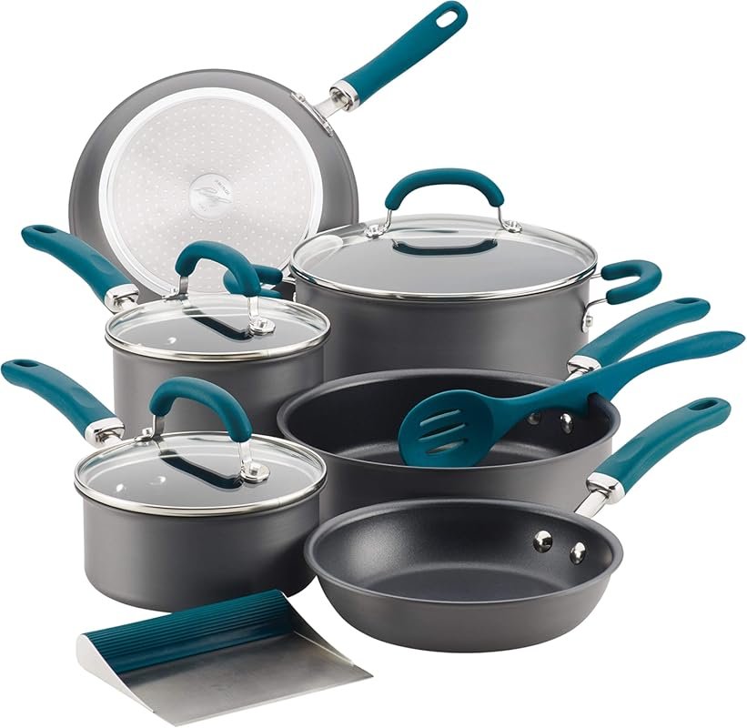 Rachael Ray Create Hard Anodized 11-Piece Gray & Teal Handle Nonstick 