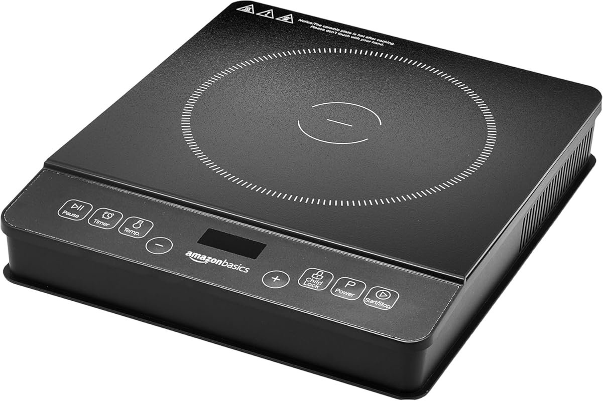 Amazon Basics 1800W Portable Induction Cooktop, Black, Child Lock, Ove
