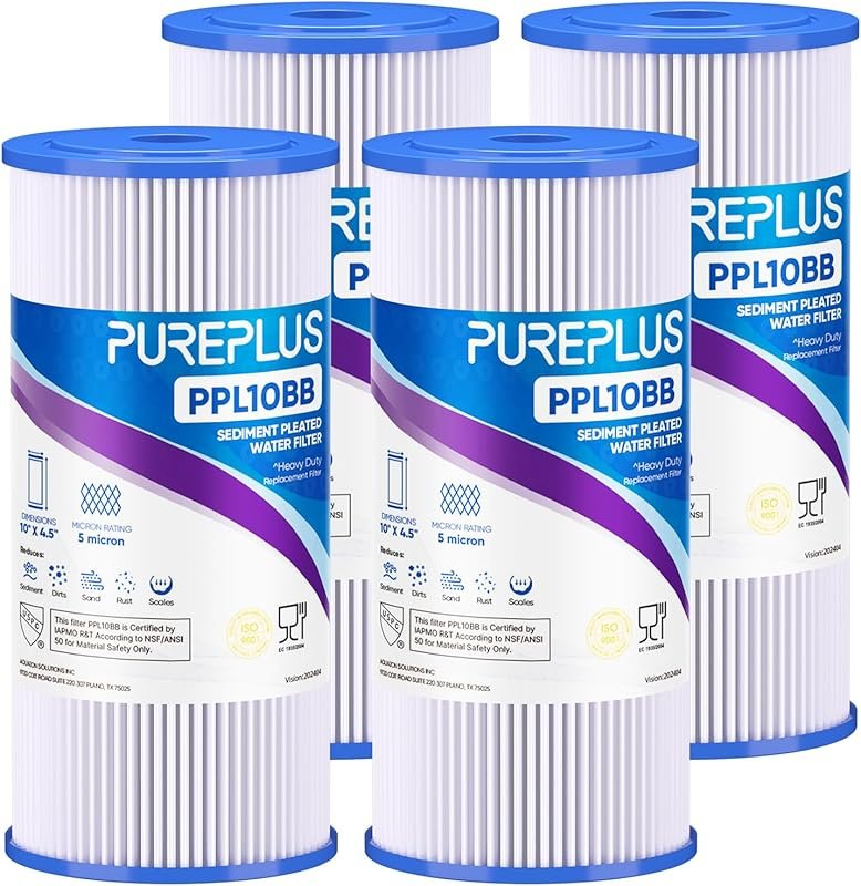 PUREPLUS 5 Micron Pleated Sediment Filter, 4-Pack for Well Water & GE 