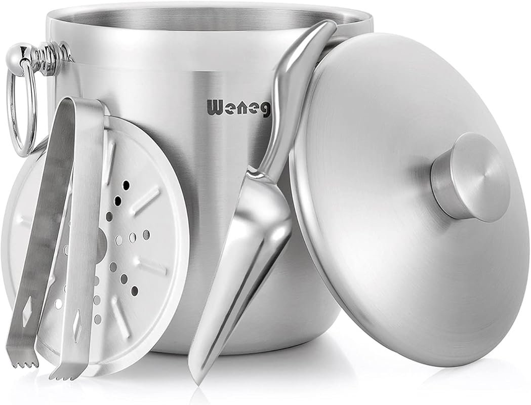 Stainless Steel Ice Bucket with Lid, Scoop & Tongs Keeps Ice Frozen Lo