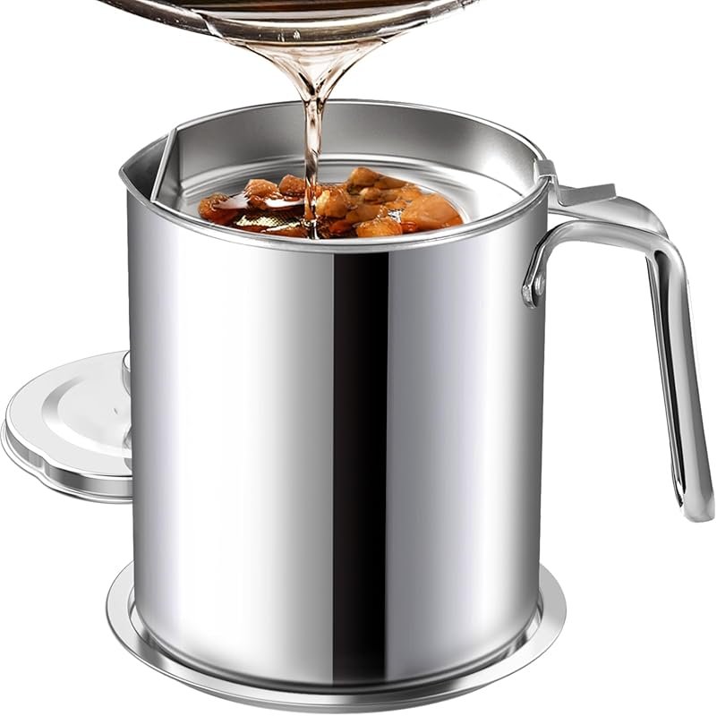Chihee Stainless Steel Bacon Grease Saver with Fine Mesh Strainer, 2L/