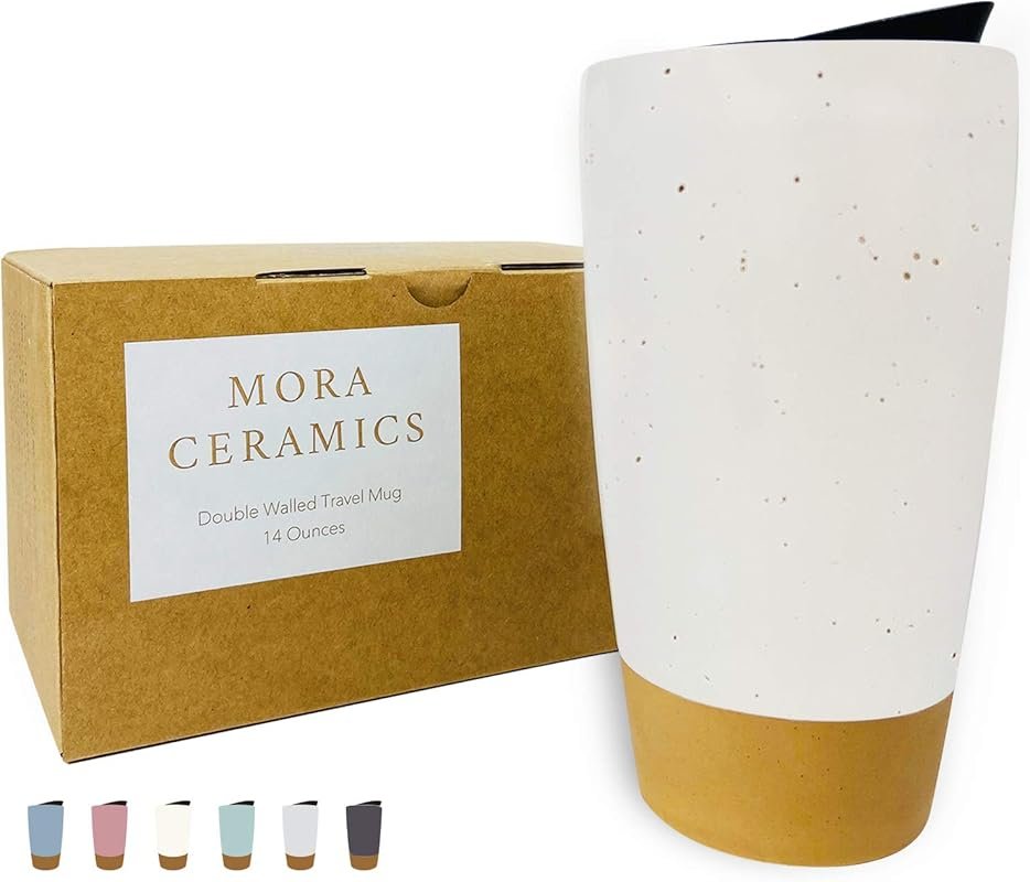Mora Double Wall Ceramic Travel Mug, 14 oz, Insulated, Dishwasher & Mi