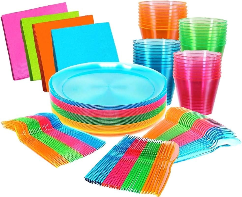 Kedudes Neon Glow Party Supplies Serves 32 with Plastic Plates, Cups, 