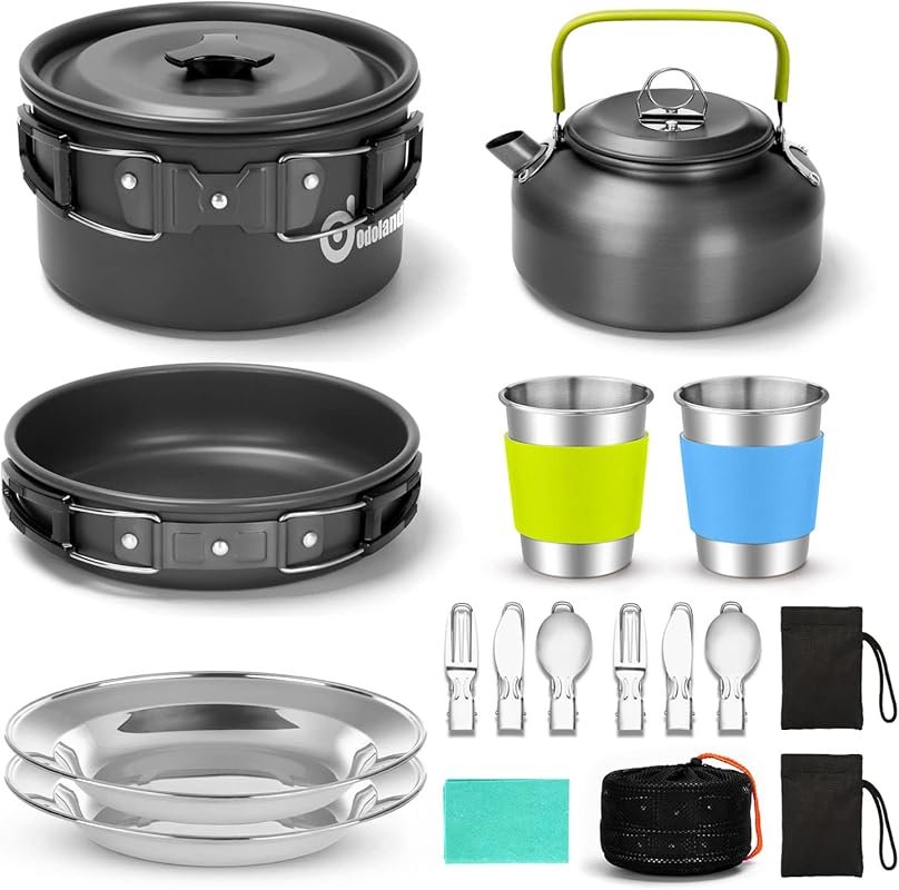 Odoland 15pcs Non-Stick Camping Mess Kit with Stainless Steel Utensils