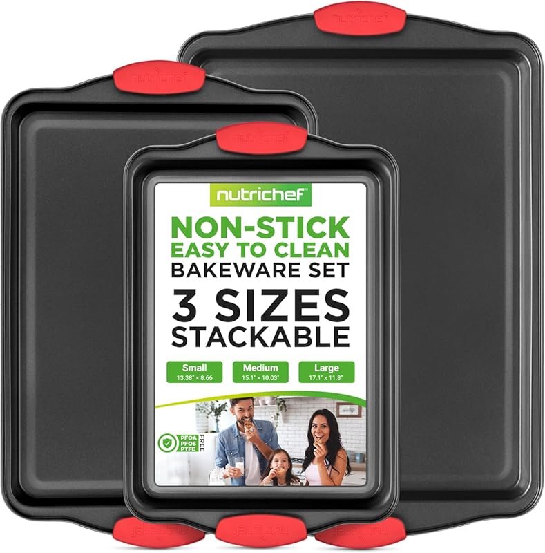 NutriChef 3-Piece Nonstick Baking Pans, Commercial Grade Steel, Red Si
