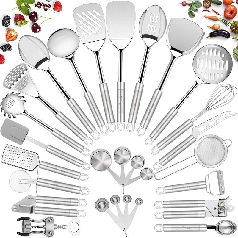 Fungun 28-Piece Stainless Steel Kitchen Utensil Set with Nonstick Spat