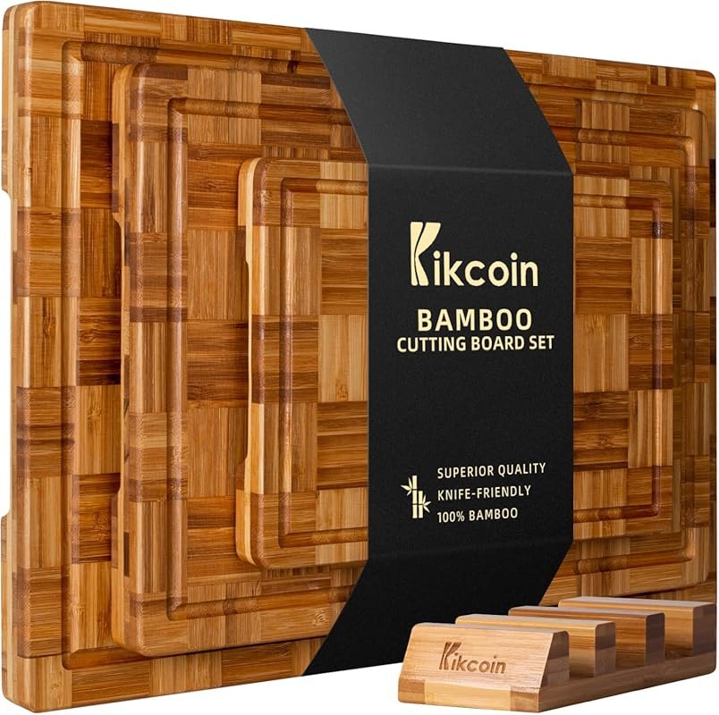 Kikcoin Bamboo Cutting Board Set, 3-Pack with Juice Groove & End Grain