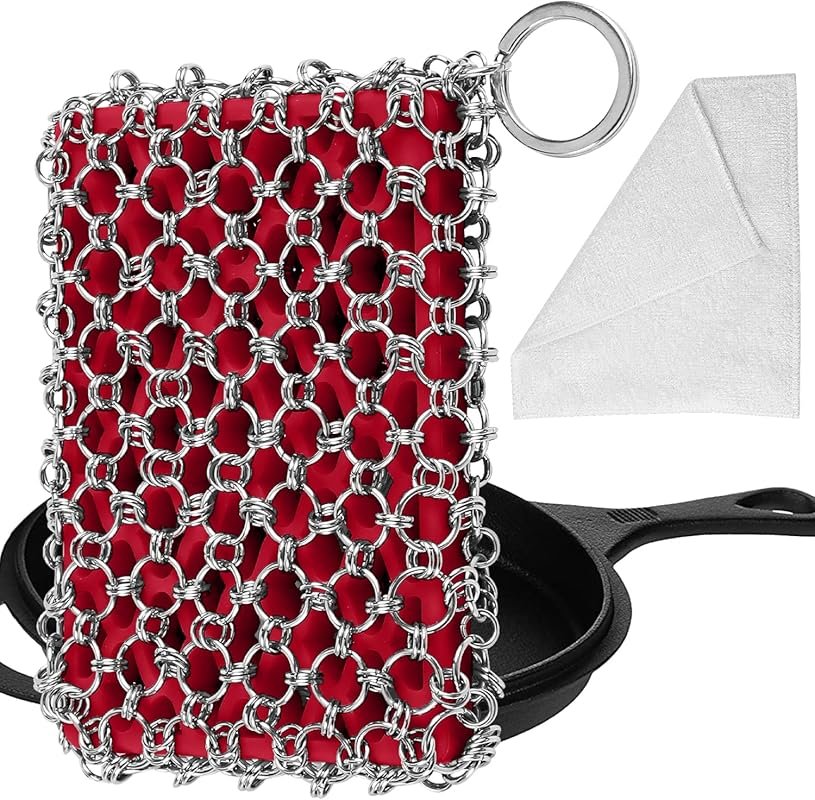 Herda 316L Large Chain Mail Scrubber Sponge for Cast Iron Skillet, Wok