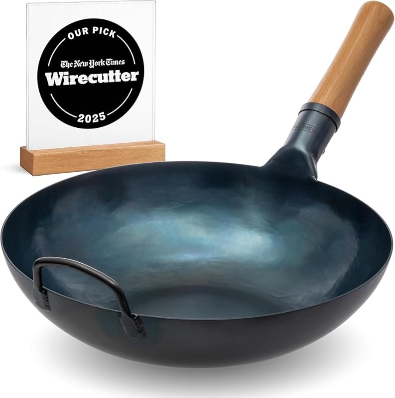 YOSUKATA 13.5” Blue Carbon Steel Wok Pan – Pre-Seasoned Flat Bottom fo