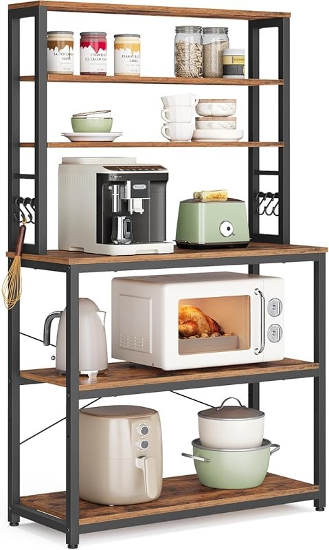VASAGLE 6‑Tier Industrial Baker’s Rack Coffee Bar with Hooks, Microwave Stand, Rustic Brown & Ink Black