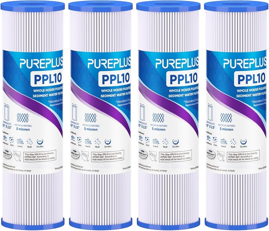 PUREPLUS 5 Micron Pleated Sediment Filter for Well Water, Compatible w