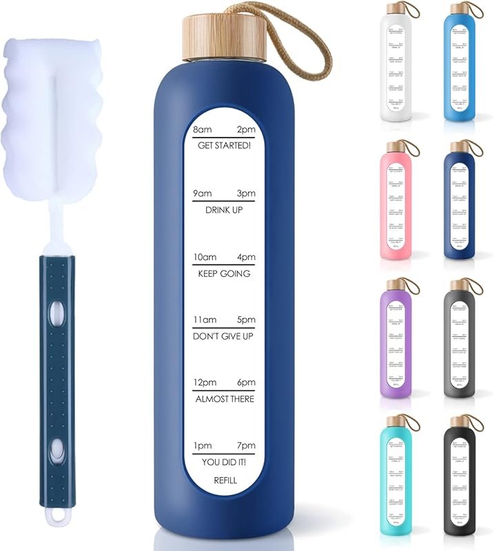 PROBTTL 32oz Borosilicate Glass Water Bottle with Time Marker, Leak-Pr