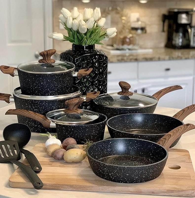 Kitchen Academy 12pc Granite Black Induction Nonstick Cookware Set wit
