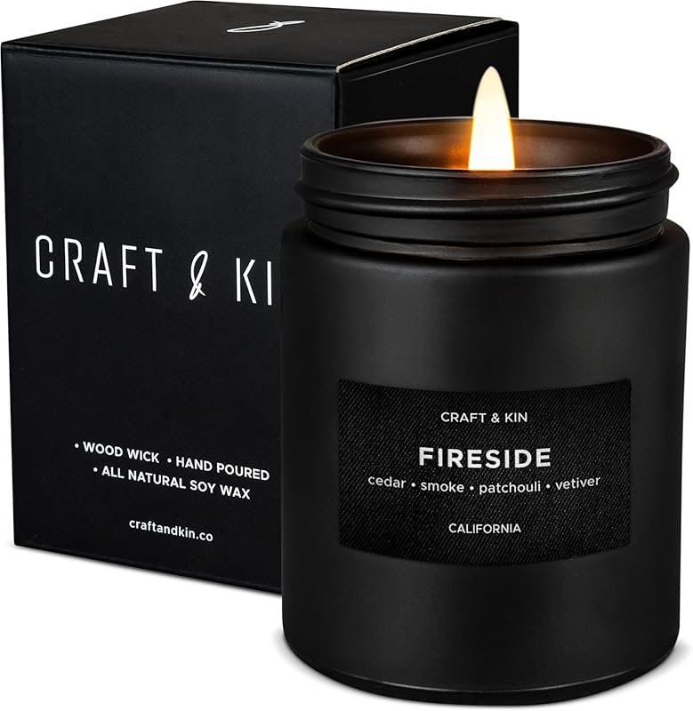 Craft & Kin Premium Smoky Fireside Candle, Wood Wicked, 45-Hour Burn T
