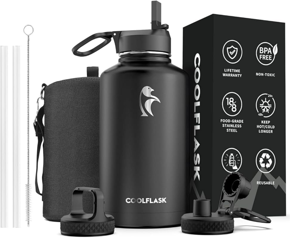 64 oz Coolflask Insulated Water Bottle with Straw & 3 Lids Keeps Cold 