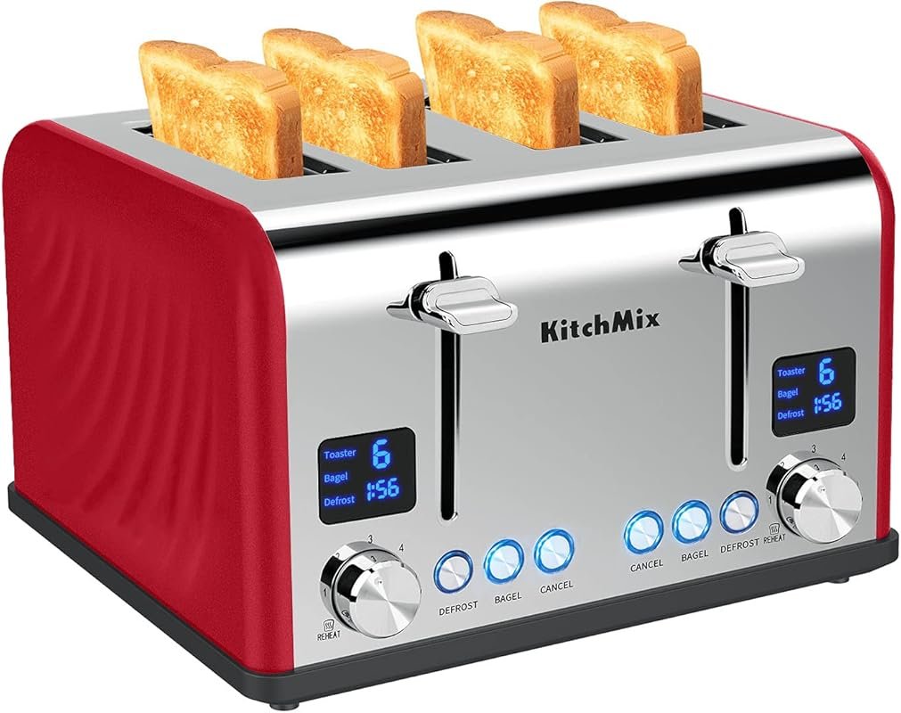 KitchMix 4-Slice Bagel Toaster with LCD Timer, Extra Wide Slots & Dual