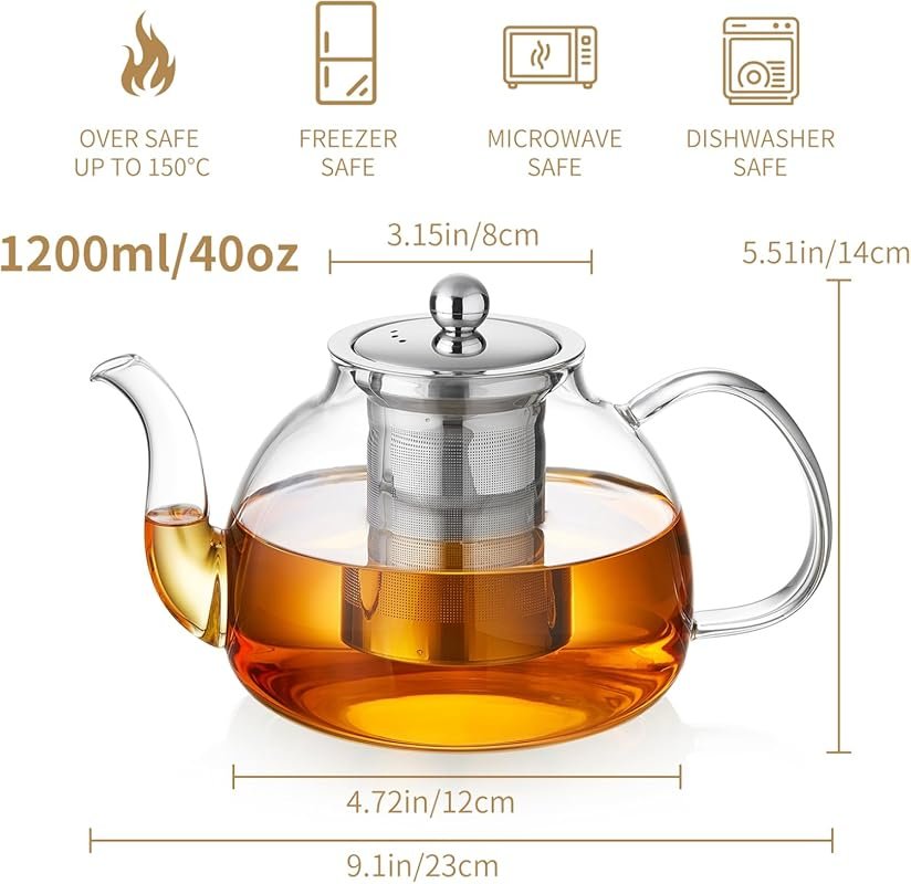 DOPUDO 40oz Glass Teapot with Infuser – Borosilicate, Stovetop & Dishw