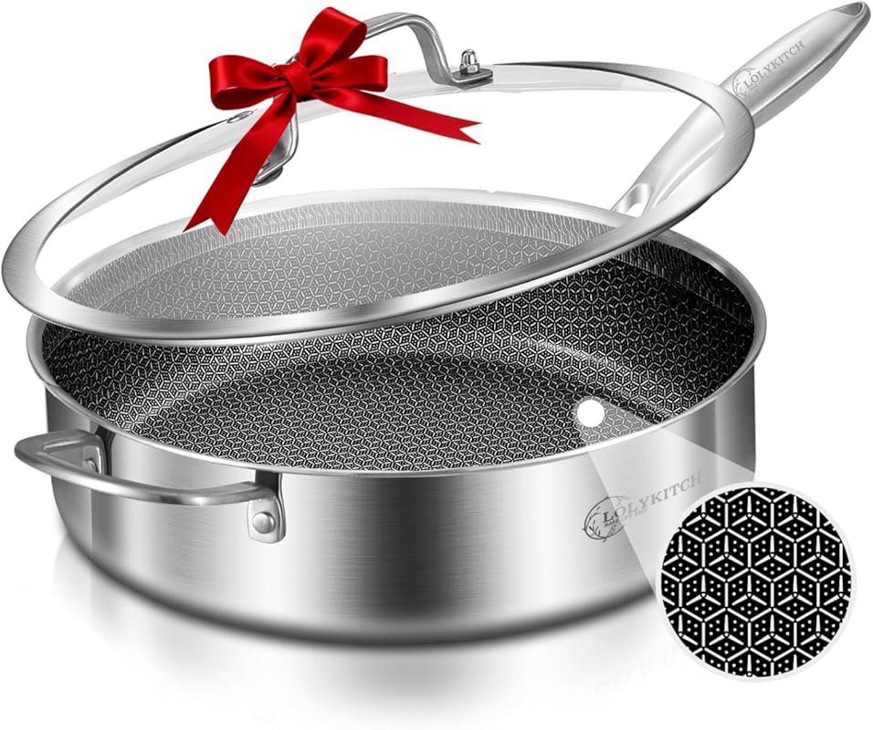 LOLYKITCH 6 QT Hybrid Tri-Ply Non-Stick Sauté Pan with Lid, 12