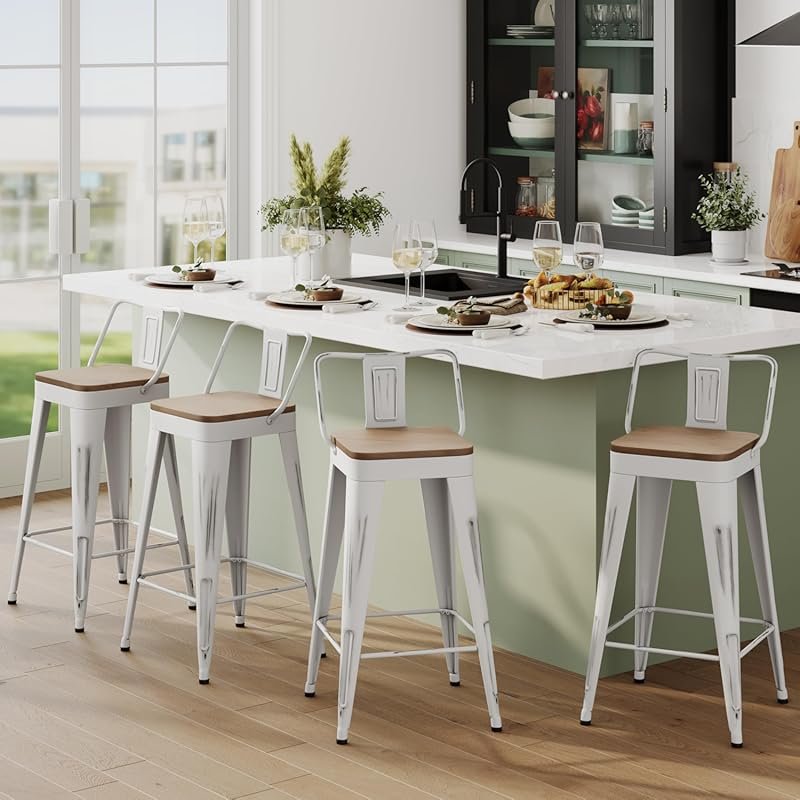 Andeworld Industrial Bar Stools Set of 4 – Distressed White Wooden Sea