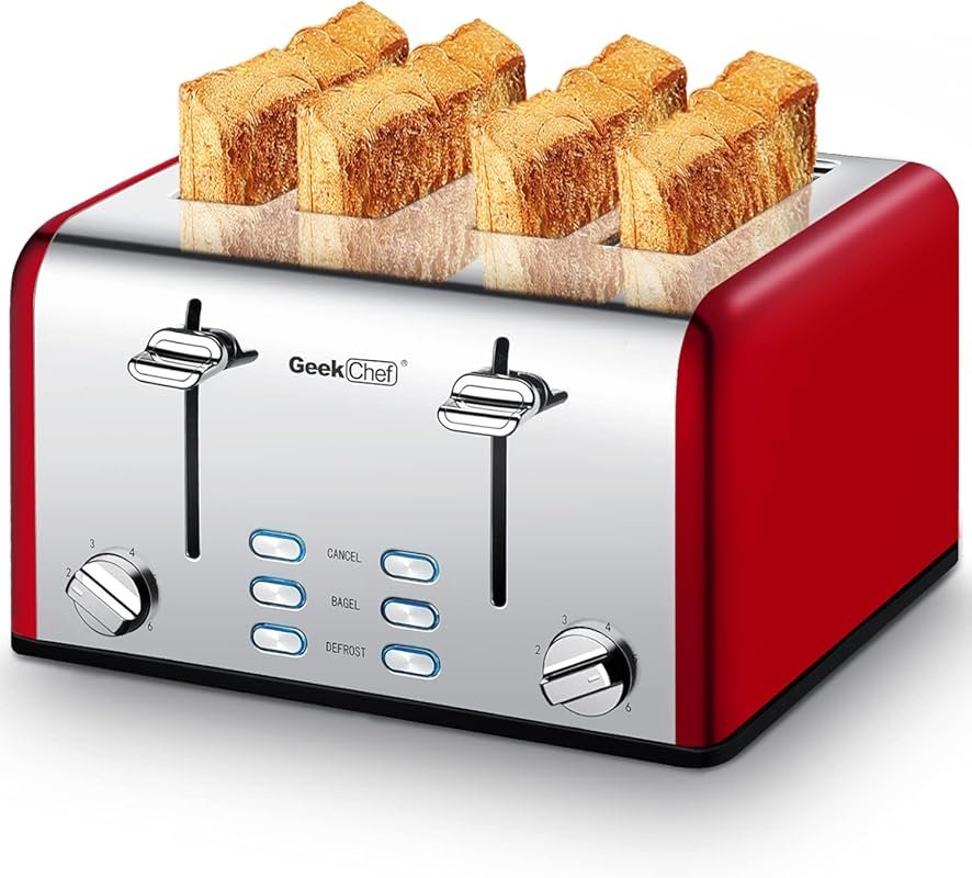 Geek Chef 4-Slice Retro Toaster with 6 Shade Settings, Defrost & Bagel