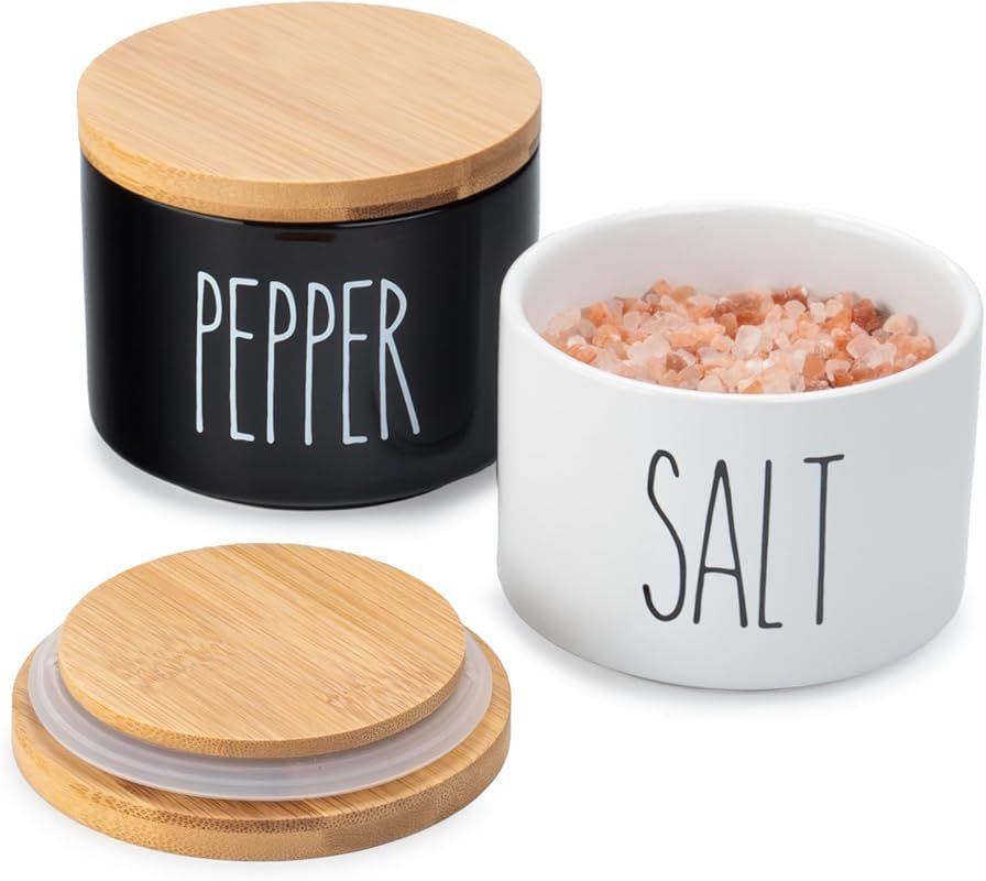 Ceramic Salt & Pepper Bowls with Airtight Wooden Lids – Stackable Blac