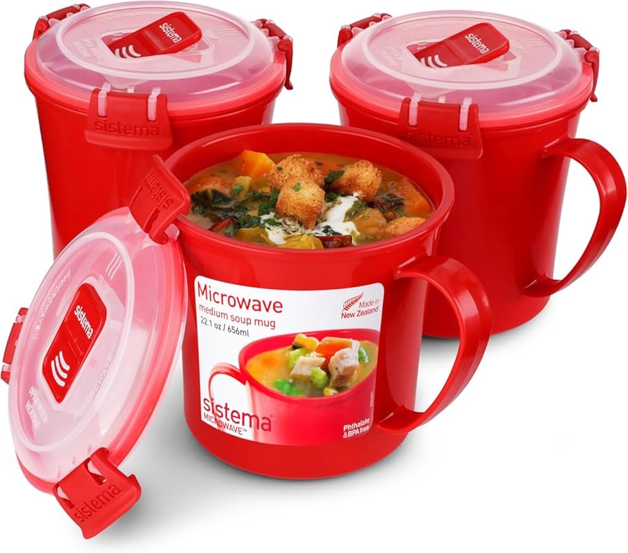 Sistema 3-Pack Red Microwave Soup Mugs with Steam Release Vents, 656 m