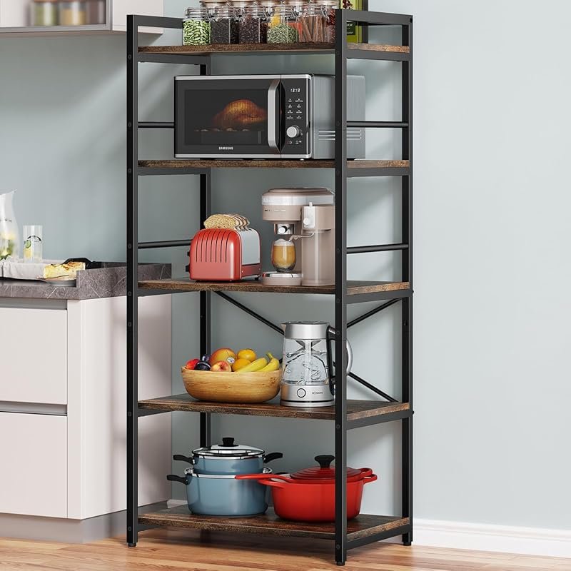 Denkee 5‑Tier Industrial Bakers Rack Microwave Stand, Small‑Space Coffee Bar