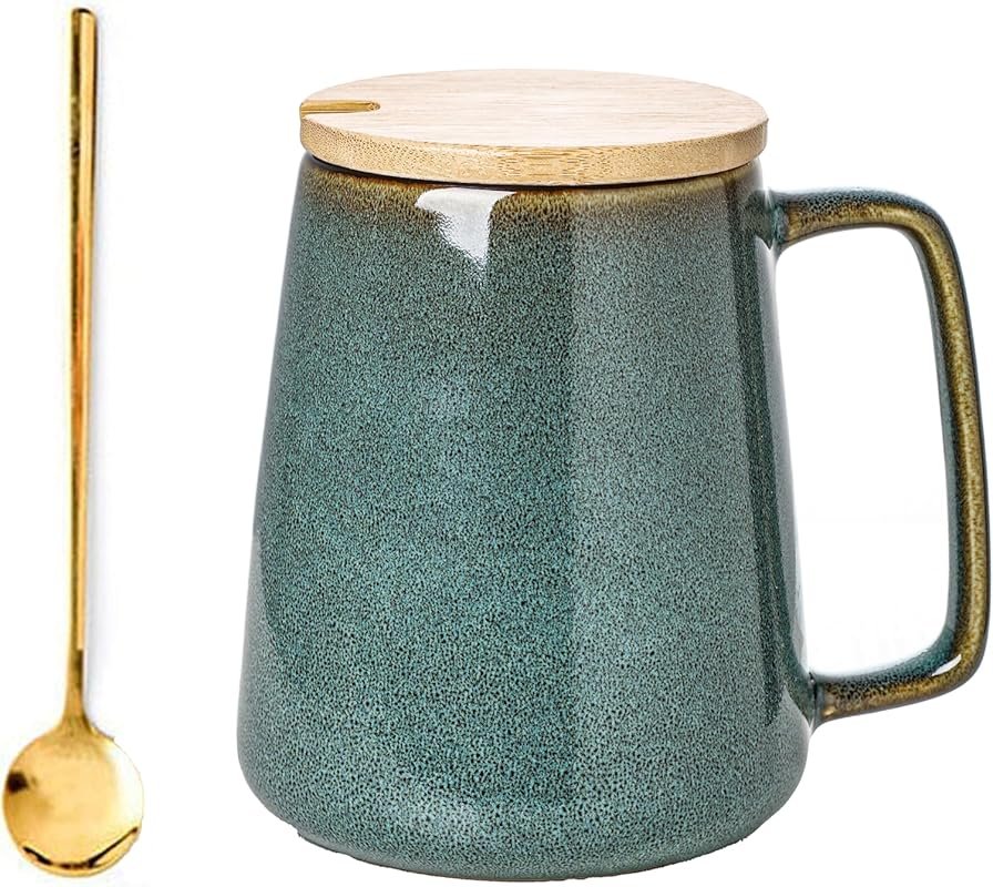 24 Oz Ceramic Coffee Mug with Spoon & Wooden Lid, Microwave & Dishwash