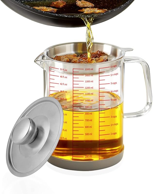 Luvan 1.5L Glass Bacon Grease Container with Fine Mesh Strainer and Ea