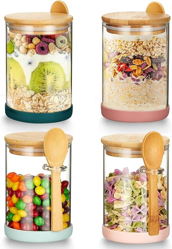 Mfacoy Set of 4 Airtight Glass Jars with Bamboo Lids & Spoons, 17oz Ov