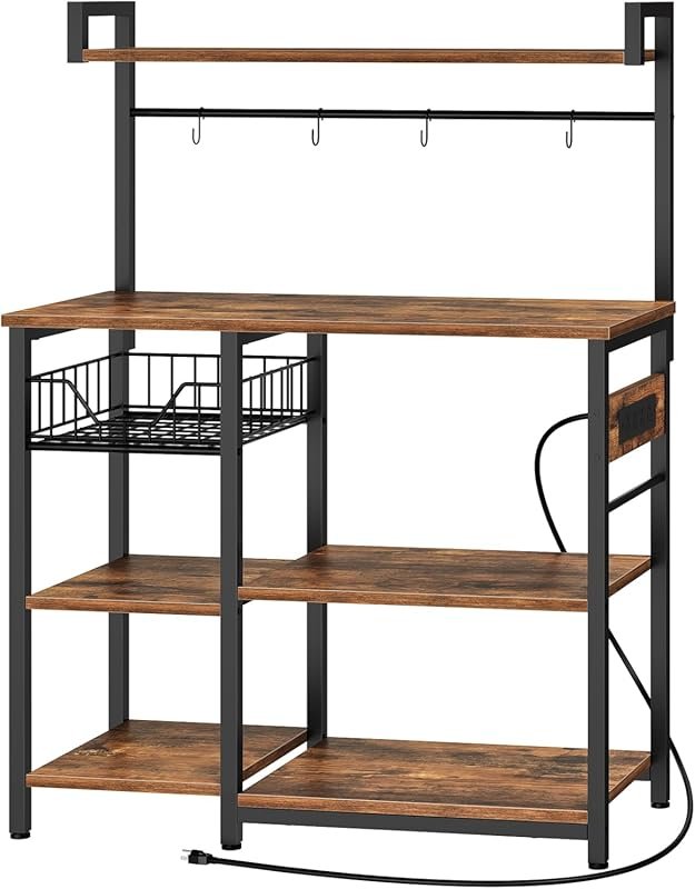 HOOBRO 35.4 Bakers Rack with Power Outlet, Mesh Basket, 4 S‑Hooks, Mi